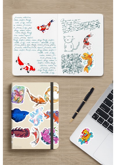 Balıklar Ve Balık Çizimleri Temalı Bullet Journal Yapışkanlı Folyo Sticker Paketi 25 Adet Çok Renkli