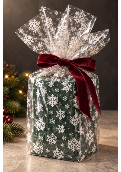 Yılbaşı Kar Tanesi Baskılı Şeffaf Jelatin, 2li Paket, 100x130 Cm, Yeniyıl Hediye Paketleme Jelatini