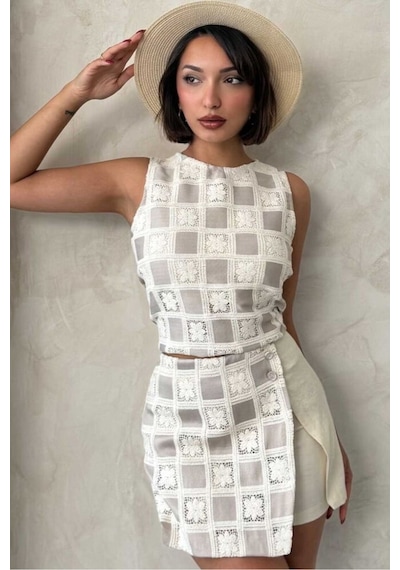 Verymoda Dama Desen Tığ İşi Toptan Bluz Ham Taş