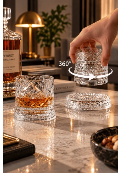 360 Derece Dönen Bardak 280 Ml Kristal Desenli Cam Döner Tabanlı Kokteyl Ve Içecek Bardağı