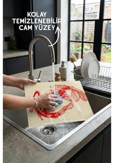 Koi Balık Desenli Cam Kesim Tahtası - 25x35cm -dayanıklı Ve Pratik Kesim Matı Kırmızı