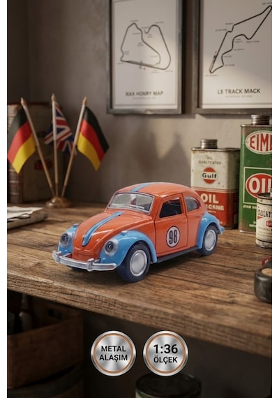 1:36 Metal Klasik Vosvos Çek Bırak Araba Kapıları Açılan Oyuncak 1967 Volkswagen Beetle - Turuncu