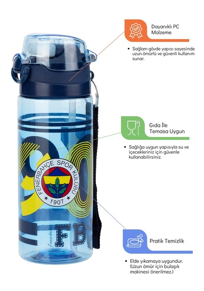Fenerbahçe Lisanslı 500ml Pipetli Kilitli Kapaklı Mavi Su Matarası - Orijinal Fb Taraftar Suluk Sarı - Lacivert