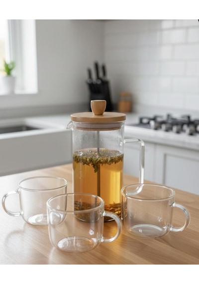 Bambu French Press 1000 Cc Bitki Çayı Filitre Kahve Bambu - Şeffaf