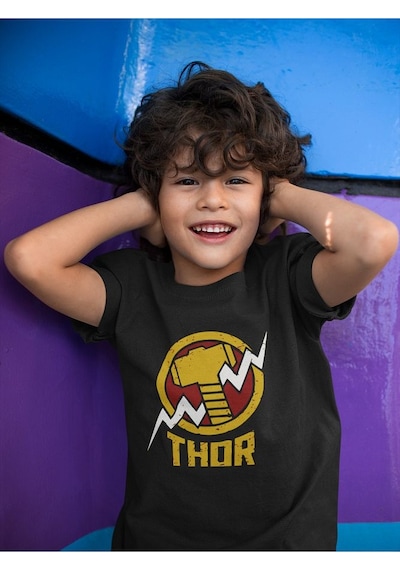 Sevbano Tasarım Thor Çekiç Baskılı Unisex Avengers Çocuk Tişört 1-12 Yaş SIYAH