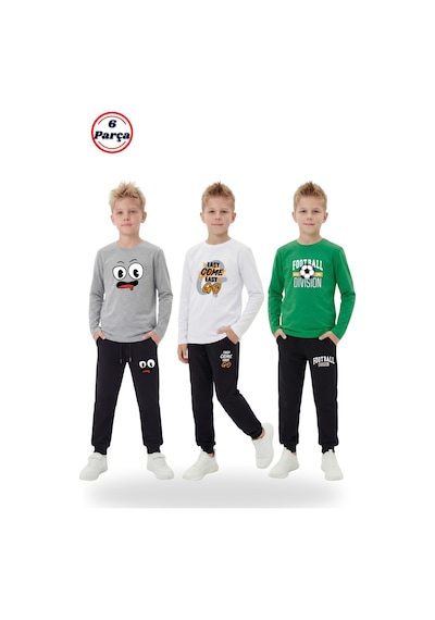 Panios Kids 3'lü Yuvarlak Yaka Sweatshirt Siyah Eşofmanlı Baskı Detaylı 6 Parça Erkek Çocuk Alt Üst Takım Gri - Beyaz
