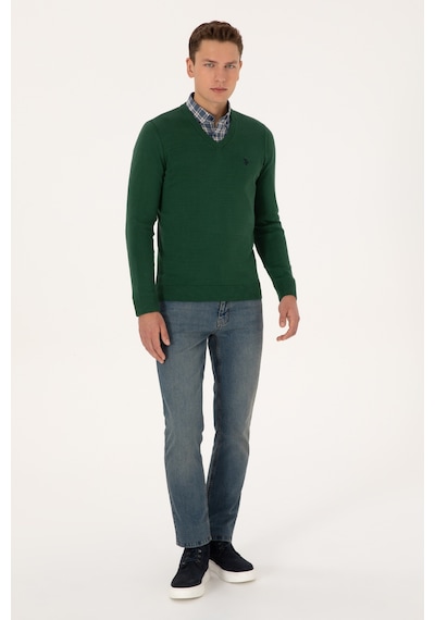 U.S. Polo Assn. Erkek Slim Fit V Yaka Koyu Yeşil Basic Triko Kazak 50313662-VR079