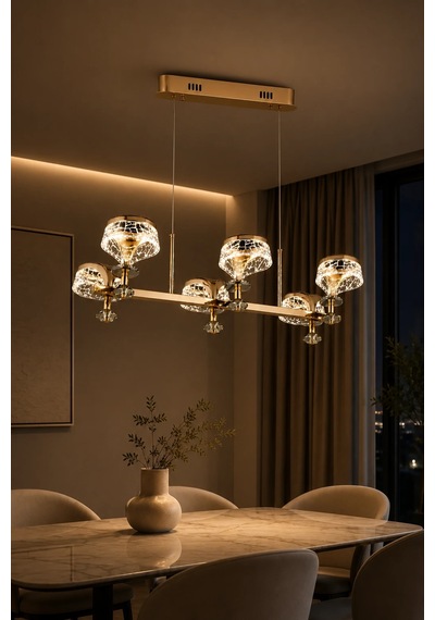 6'lı Gold Modern Premium 3 Renkli Ledli Sarkıt Avizesi Salon Mutfak Oturma Odası Şık Modelleri 28w
