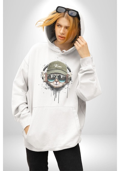 Havalı Pilot Şapkalı Müzik Dinleyen Kedi Kadın Erkek Beyaz Kapüşonlu Sweatshirt Hoodie Beyaz