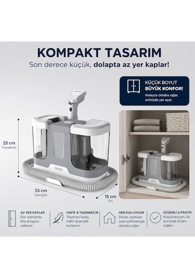 Vacwell Hidro Mini Koltuk Ve Halı Yıkama Makinesi 500 Watt 16 Kpa 3 Başlıklı