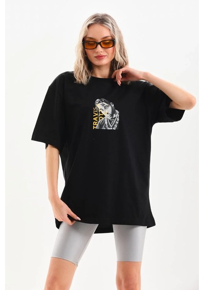 Assema Kadın Baskılı T-shirt Kısa Kol Bisiklet Yaka Ovarsize Rahat Kalıp Günlük Tişört - Siyah Çok Renkli