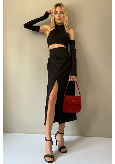 Madmext Siyah Basic Midi Boy Büzgülü Keten Etek Mg1540
