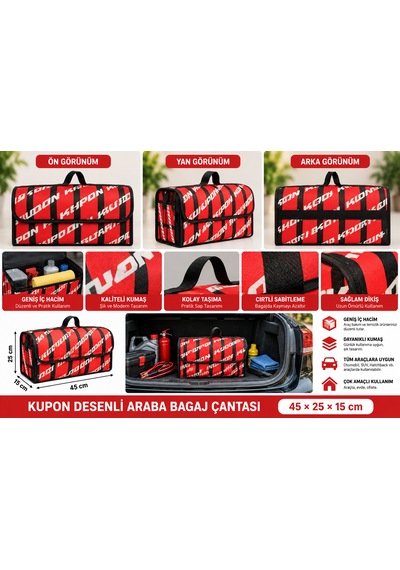 Kupon Desenli Araba Bagaj Çantası 45x25x15 Cm Oto Bagaj Organizer Kapaklı Cırtlı Düzenleyici