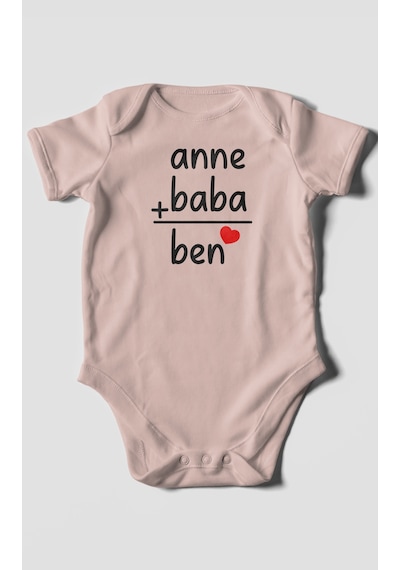 Anne Baba Ve Ben Baskılı Bebek Zıbını Çıtçıtlı Body %100 Pamuk Kısa Kol Pastel Pembe