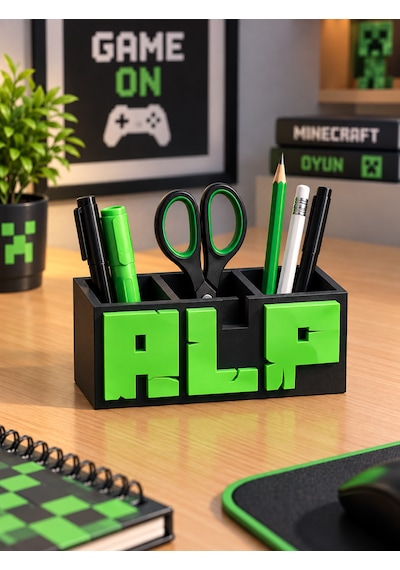 Miinecraft Temalı İsimli Kalemlik Kişiye Özel İsme Özel Üretim, Çok Gözlü Kalemlik 3 Harfli İsim Tasarımı