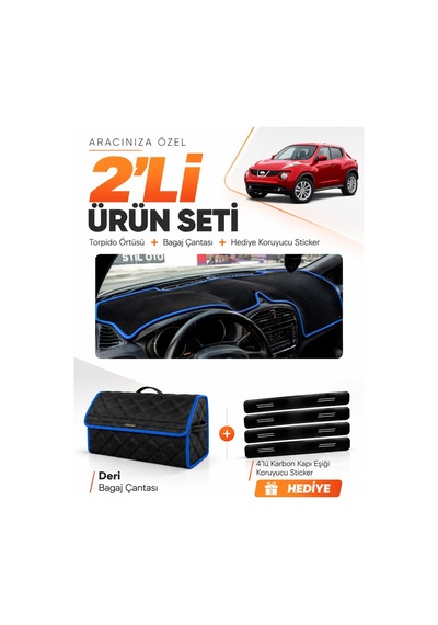 Nissan Juke 2010-2019 Uyumlu Torpido Örtüsü + Deri Bagaj Çantası + Sticker Seti - Siyah Mavi