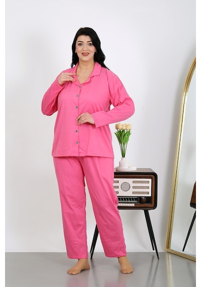 Akbeniz Kadın Büyük Beden Pamuklu Cepli Düğmeli Pembe Pijama Takım 202504 Pembe
