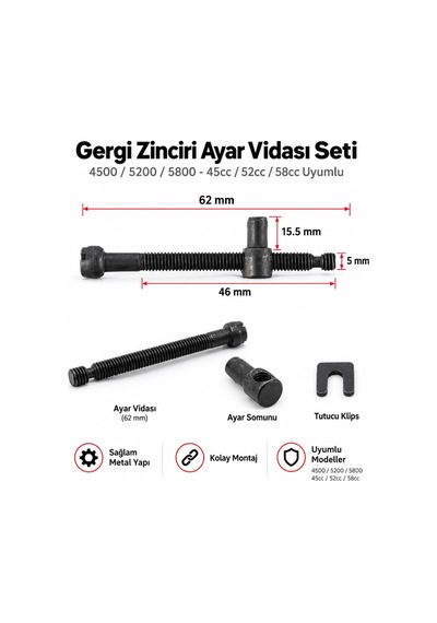 Algaride Motorlu Testere Zincir Gergi Ayar Vidası Seti 4500/5200/5800 Uyumlu 45 52 58cc Zincir Germe Vidası Somun Klips