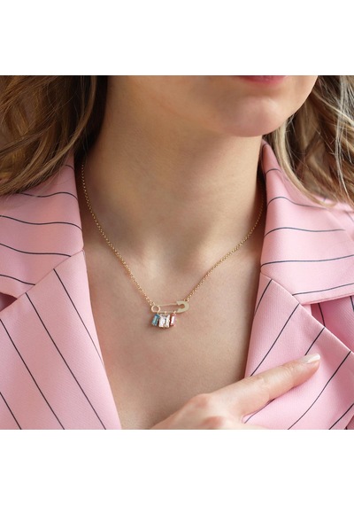 Swarovski Taşlı Çengelli İğne Modeli Gold Kaplama Gümüş Kolye Gümüş