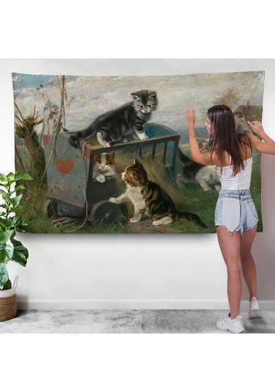 Julius Adam - Çayırda Arabada Oynayan Kedi Yavruları Duvar Örtüsü-7084