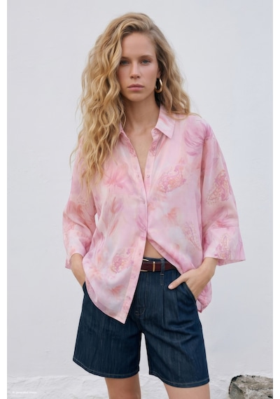 Sateen Yarasa Kol Desenli İnce Gömlek - Pembe-137689