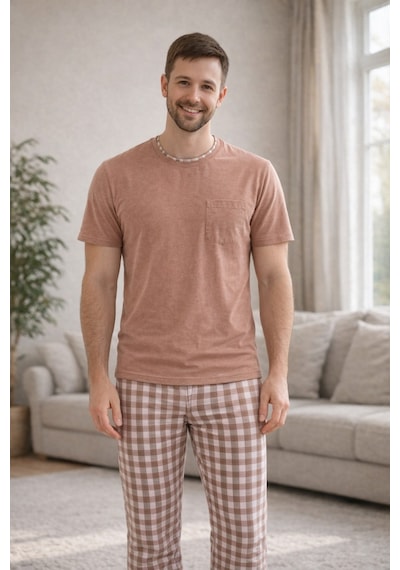 Rindahomewear Açık Kahverengi Kısa Kol Baba-oğul Cepli Pijama Takım Açık Kahverengi-80501