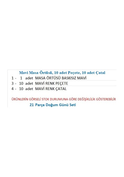Mavi Masa Örtüsü, 10 Adet Peçete, 10 Adet Çatal