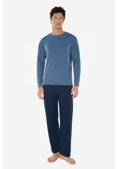 Malabadi Erkek Mavi Bisiklet Yaka Micro Modal Extra Yumuşak Kışlık Pijama Takımı 6032