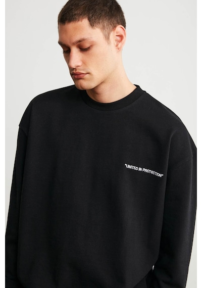 Grimelange Raırok Erkek İçi Polarlı Comfort Oversize Nakışlı Siyah Sweat