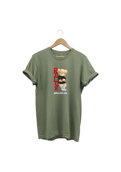 Sevimli Ayıcık Relax Ayı Tasarım Şık Baskılı %100 Pamuk Regular Fit Bisiklet Yaka Haki T-shirt Haki