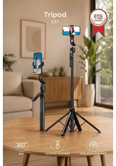 Delux Serisi Torima Tripod Çok Amaçlı 1.6m Kamera Telefon Tutucu C17 Siyah Akış Kayıt Çekimler