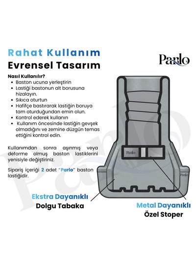 Yedek Baston Lastiği 2 Li Set Kaymaya Dirençli Metal Destekli Baston Ucu Metal Özel Stopperli Lastik