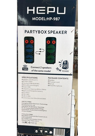Hepu Hp-987 2x8'' Kablolu 1 El Mikrofon Bluetooth Usb Şarjlı Rgb Işıklı Müzik Kutusu