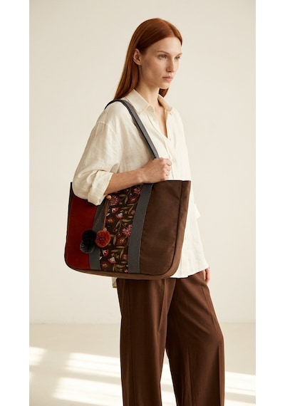 Fabric Craft Bag Omuz Çantası Kadın Duck Kumaş Desenli Büyük Boy Günlük Çanta Kahverengi - Bordo