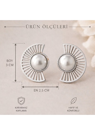 İnci Detaylı Gümüş Rengi Geometrik Tasarım Küpe Kararmaz Kaplama Çok Renkli