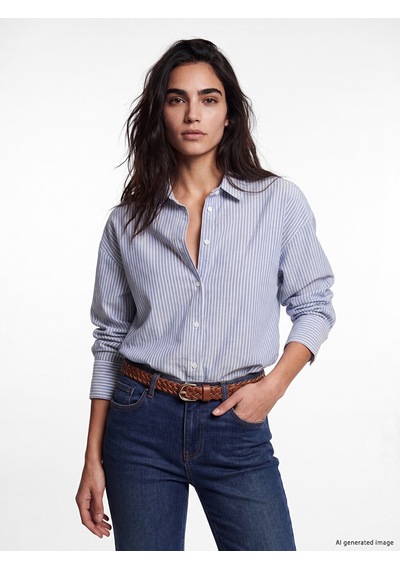 Lcw Vision Lacivert Çizgili Oversize Oxford Kadın Gömlek