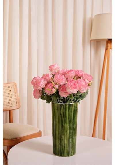 Pembe Yapay Ranunculus Şakayık Çiçeği 3 Dallı Lüx İpeksi Dokulu 50 Cm
