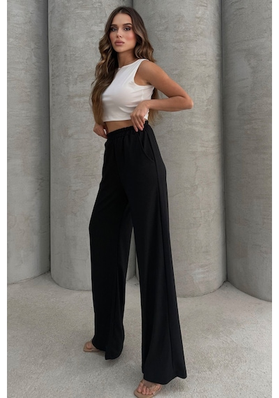 Lesa Wear Yumuşacık Yüksel Bel Geniş Paça Likralı Jarse Pantolon Flared Siyah
