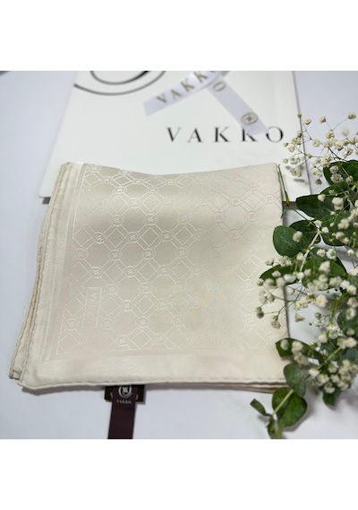 Vakko 90x90 Jakarlı Saf İpek Eşarp - 05493 - 68x200 / Krem Krem