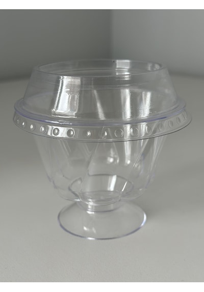 Papatya Ayaklı Kristal Tatlı Kasesi - Mika Plastik Kap - Şeffaf - Kapaklı - 180 Ml/cc - 50 Adet