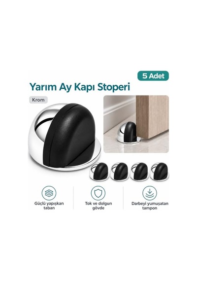 Yarımay Yapışkanlı Kapı Kolu Stoperi, Metal Kapı Tamponu, Koruyucu Kapı Durdurucu 5, Krom