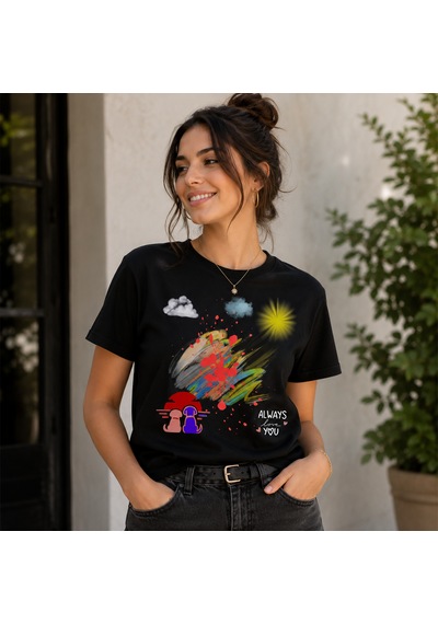 Gün Batımı Manzaralı Özel Tasarım Pamuklu Baskılı T-shirt Beyaz - Siyah