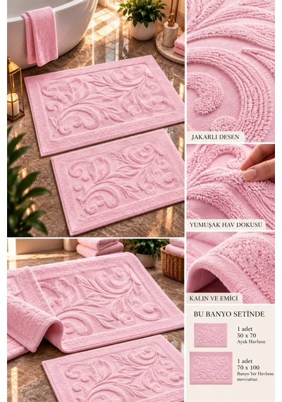 Bambu Jakar Desenli 2'li Banyo Seti Yumuşacık Tuşe Premium Dokuma %100 Bambu Pembe - 945189930 Pembe