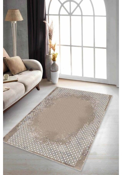 Bej Modern Klasik Kaymaz Tabanlı Dekoratif Halı Ar549n11