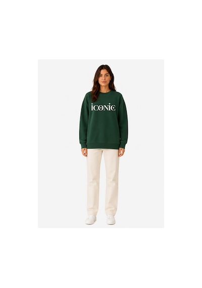 Herkesemoda İconic Baskı Detaylı Şardonlu 2 İplik Bisiklet Yaka Sweatshirt Yeşil