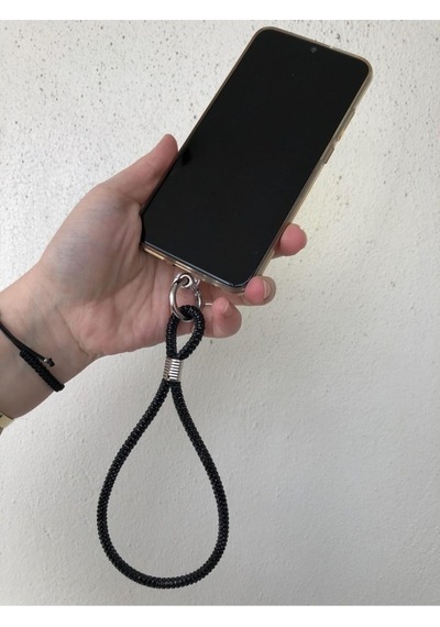 4277 Siyah Taşlı Janjanlı Tam Tur Telefon El Askısı Siyah İle Uyumlu