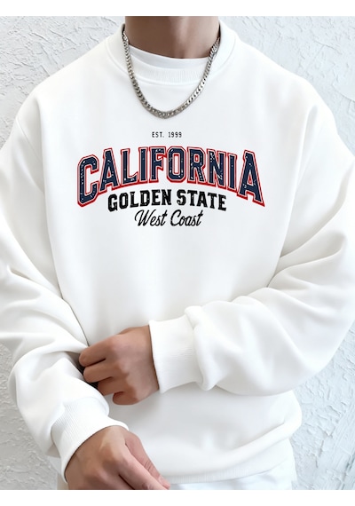 Startmore Startmorecalifornia Golden State Baskılı Erkek Kazak Kış Bisiklet Yaka Kapşonlu Sokak Polar Sıcak Gevş Beyaz