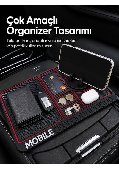 Araç İçi Kaydırmaz Organizer Mat Telefon Standlı Çok Amaçlı Konsol Düzenleyici 11