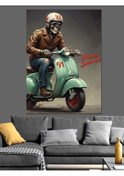 Ahşap Tablo Kasklı Scooter Süren Adam