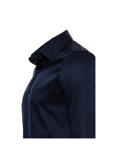 Pamuk Saten Slim Fit Uzun Kollu Düz Lacivert Erkek Gömlek 001